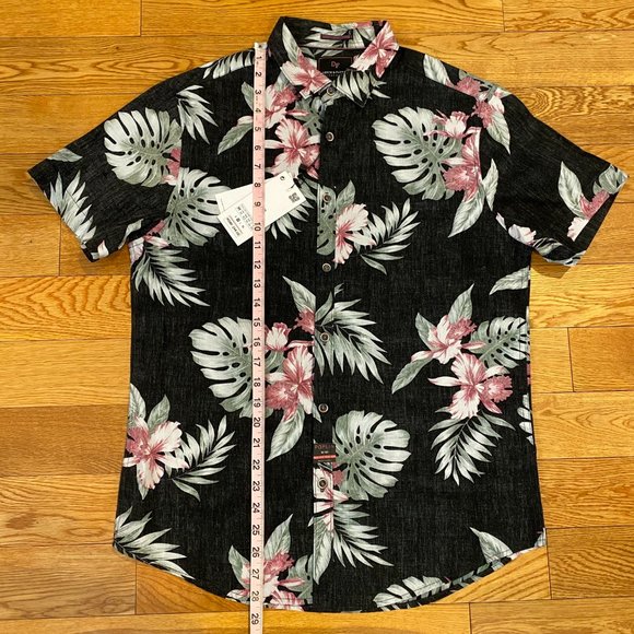 Denim & Flower Mens Poplin Hawaiian Flower Floral Button Up Short Sleeve M New - Picture 3 of 9